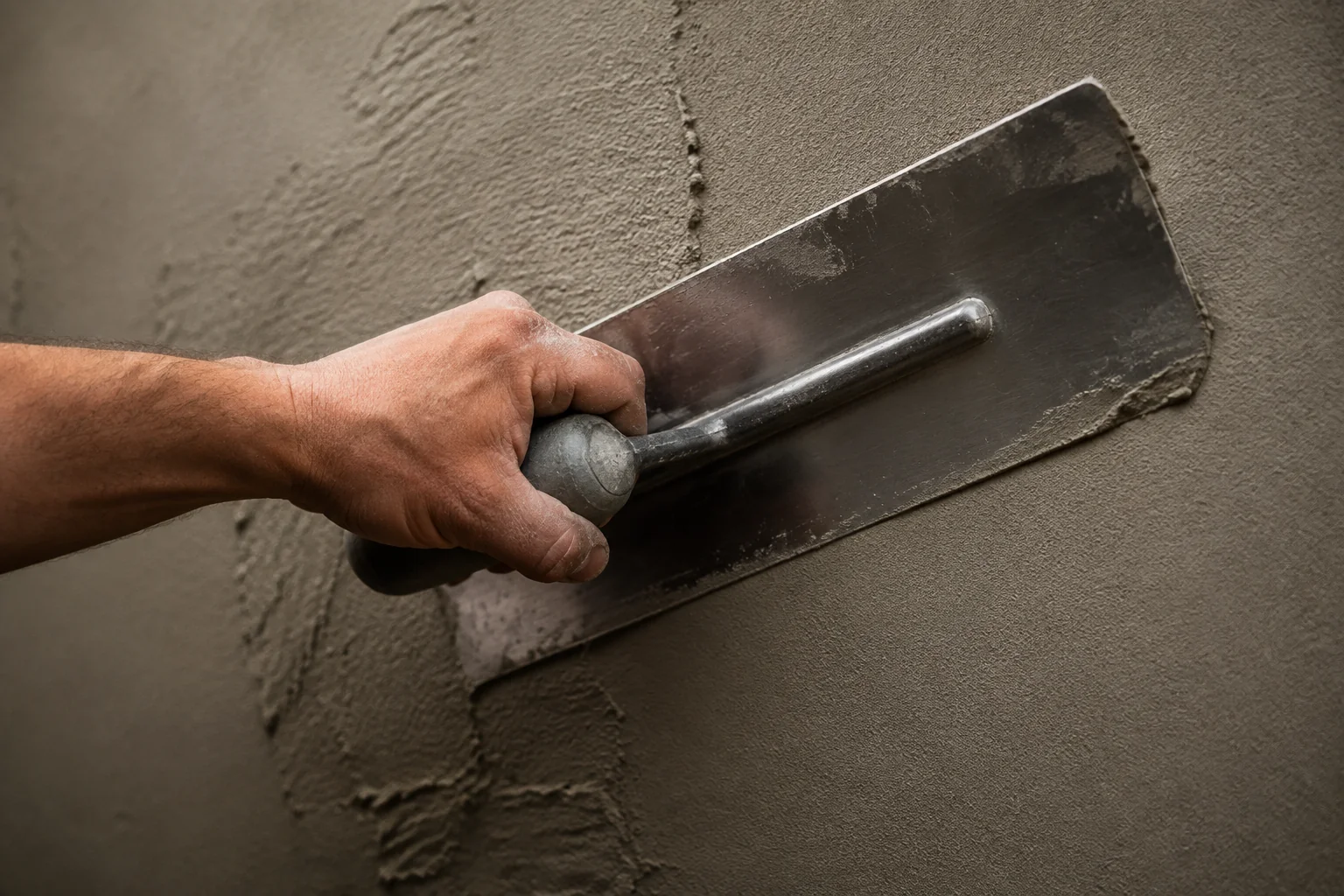 A plasterer's hand guiding a steel trowel across a fresh coat of plaster