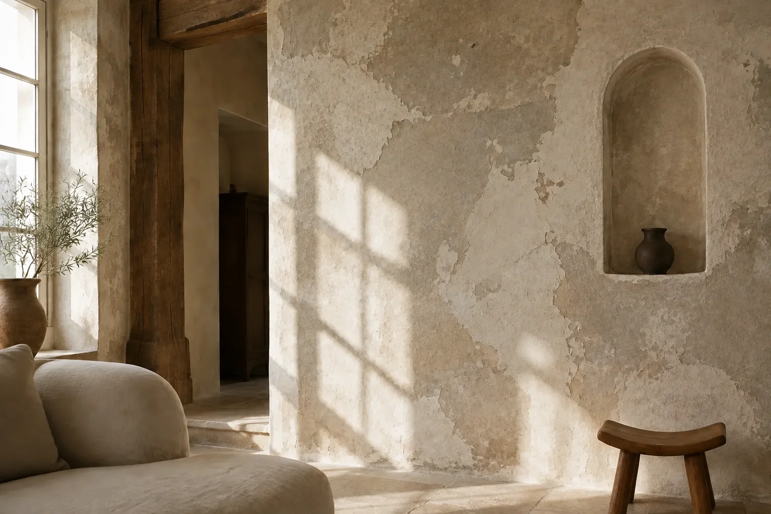 Before: rough, unfinished plaster walls around a curved alcove